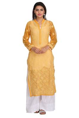 Mustard Embroidered Georgette Chikankari Kurti 2