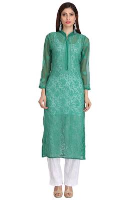 Green Embroidered Georgette Chikankari Kurti 1