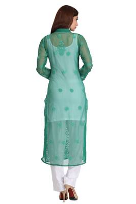 Green Embroidered Georgette Chikankari Kurti 2