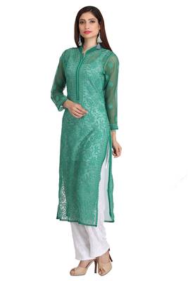 Green Embroidered Georgette Chikankari Kurti 3