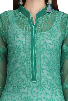 Green Embroidered Georgette Chikankari Kurti 4