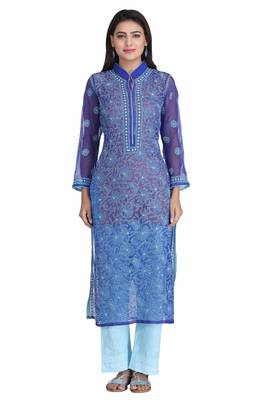 Royal Blue Embroidered Georgette Chikankari Kurti  1