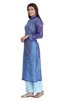 Royal Blue Embroidered Georgette Chikankari Kurti  3
