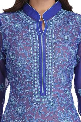 Royal Blue Embroidered Georgette Chikankari Kurti  4