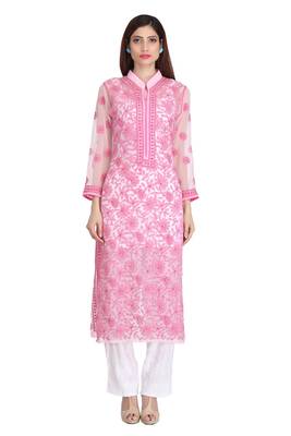 Pink Embroidered Georgette Chikankari Kurti 1