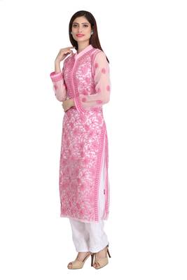 Pink Embroidered Georgette Chikankari Kurti 3