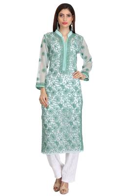 Green Embroidered Georgette Chikankari Kurti 2