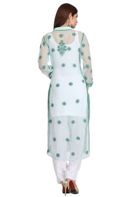 Green Embroidered Georgette Chikankari Kurti 3