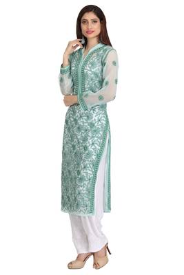 Green Embroidered Georgette Chikankari Kurti 4
