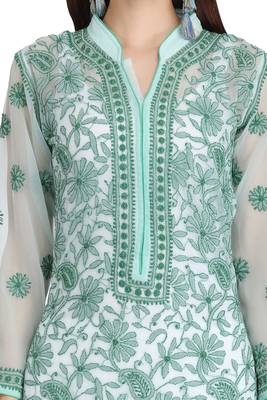 Green Embroidered Georgette Chikankari Kurti 5
