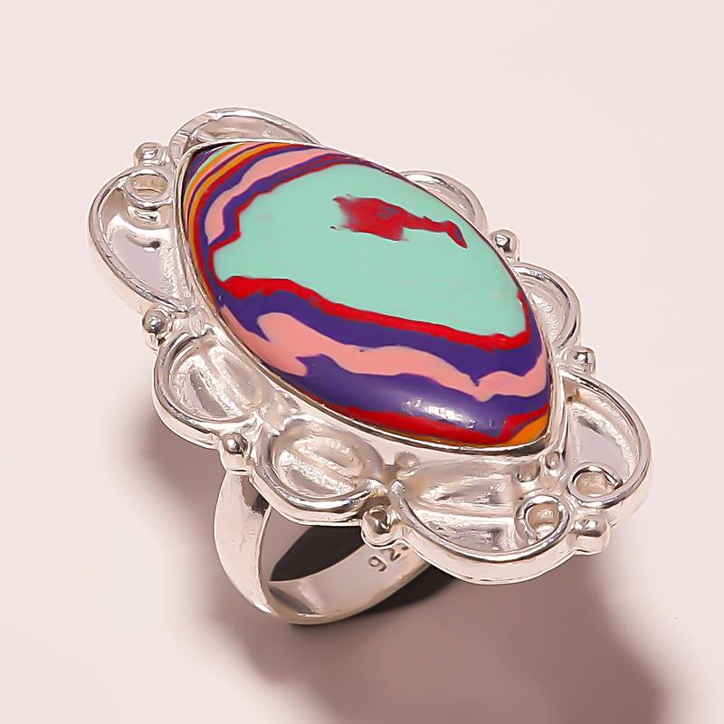 Rainbow calsilica gem stone gemstone 925 silver jewelry ring size