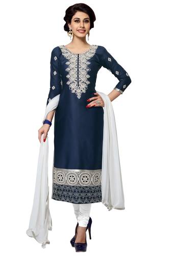 Navy-Blue Embroidered Cotton Salwar With Dupatta