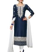Navy-Blue Embroidered Cotton Salwar With Dupatta