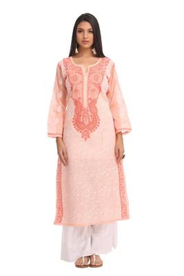 Peach Embroidered Cotton Chikankari Kurti 1