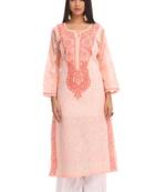 Peach Embroidered Cotton Chikankari Kurti