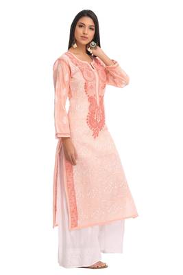 Peach Embroidered Cotton Chikankari Kurti 3