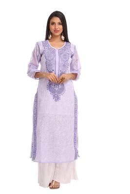 ADA Hand Embroidered Mauve Cotton Lucknowi Chikankari Women Kurta - A230785 1