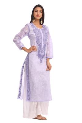 ADA Hand Embroidered Mauve Cotton Lucknowi Chikankari Women Kurta - A230785 3