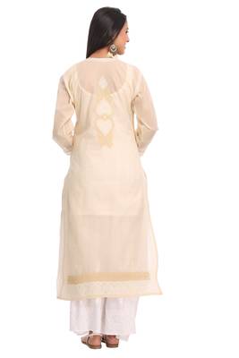 Ada Hand Embroidered Fawn Cotton Lucknow Chikan Women Kurta - A230802 2