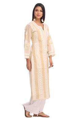 Ada Hand Embroidered Fawn Cotton Lucknow Chikan Women Kurta - A230802 3