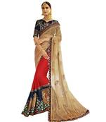 Beige, Red And Navy Blue Velvet Saree With Blouse