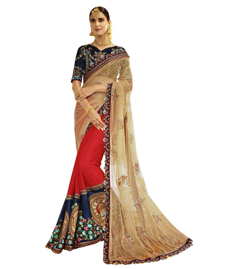 Beige, Red And Navy Blue Velvet Saree With Blouse