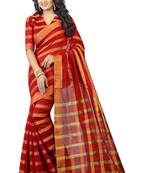 Red plain cotton silk saree with blouse