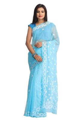 Blue Embroidered Georgette Saree With Blouse 1