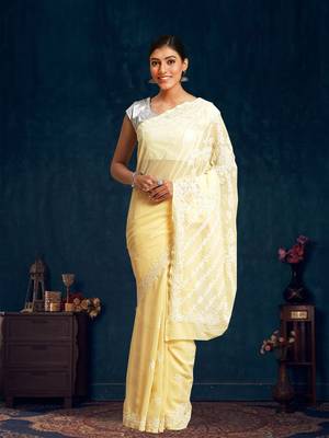 Ada Hand Embroidered Beige Georgette Saree With Blouse - A191557 1