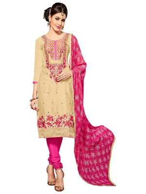  women pure cotton beige embroidered salwar kameez suit with dupatta  1