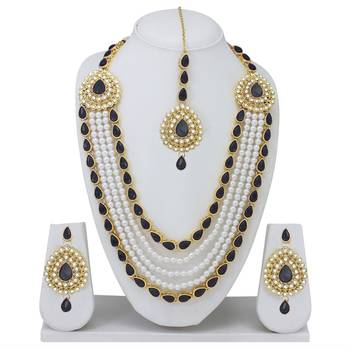 Designer Traditional Black Stone Long Necklace Set With Maang Tikka 1