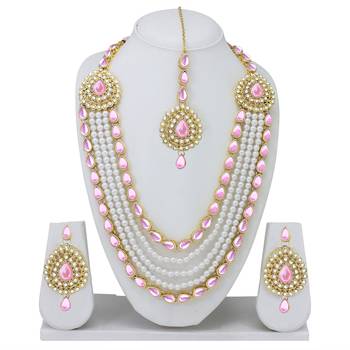Designer Traditional Pink Stone Long Necklace Set With Maang Tikka 1
