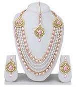 Designer Traditional Pink Stone Long Necklace Set With Maang Tikka