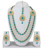 Designer Traditional Firozi Stone Long Necklace Set With Maang Tikka