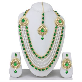 Designer Traditional Green Stone Long Necklace Set With Maang Tikka 1