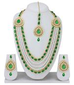 Designer Traditional Green Stone Long Necklace Set With Maang Tikka