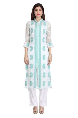 Sea Green Embroidered Georgette Chikankari Kurti  1