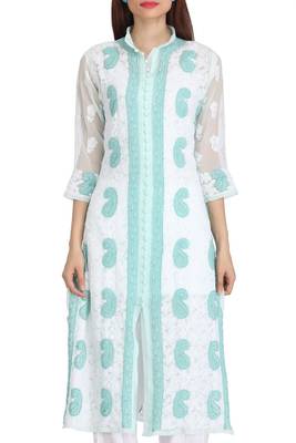 Sea Green Embroidered Georgette Chikankari Kurti  4