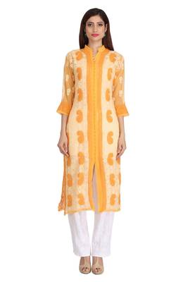 Yellow Embroidered Georgette Chikankari Kurti  1