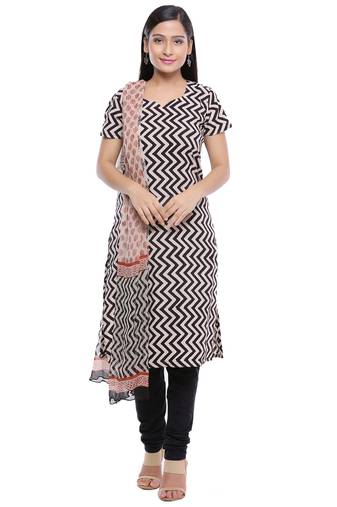 Beige printed Cotton unstitched salwar with dupatta