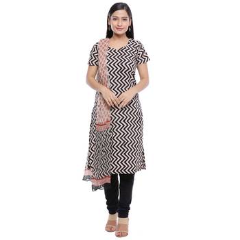 Beige printed Cotton unstitched salwar with dupatta 1