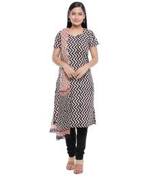 Beige printed Cotton unstitched salwar with dupatta