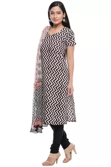 Beige printed Cotton unstitched salwar with dupatta