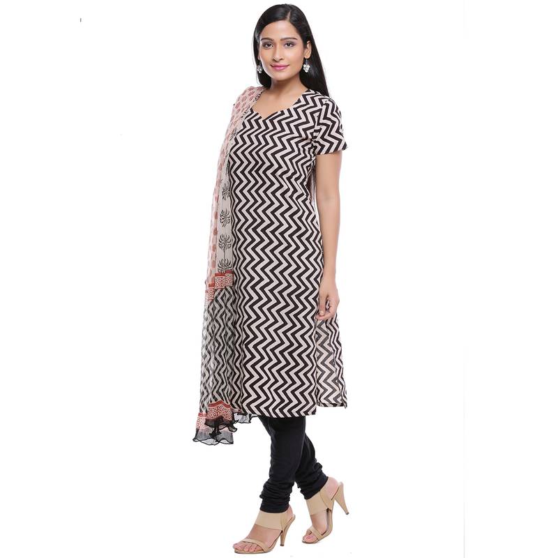 Beige printed Cotton unstitched salwar with dupatta