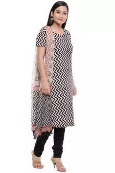 Beige printed Cotton unstitched salwar with dupatta