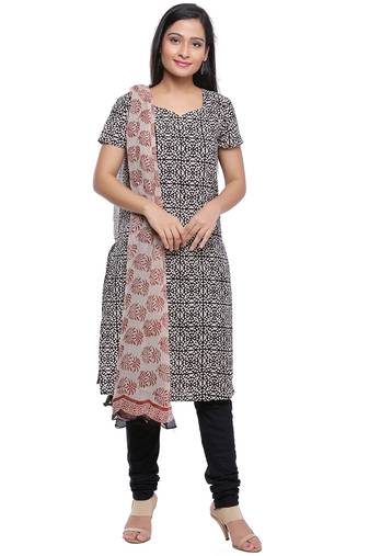 Beige printed Cotton unstitched salwar with dupatta