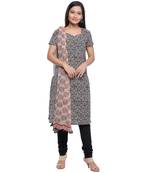 Beige printed Cotton unstitched salwar with dupatta