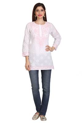 Ada White Embroidered Chikankari Cotton Short Kurti 1