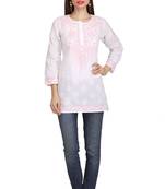 Ada White Embroidered Chikankari Cotton Short Kurti