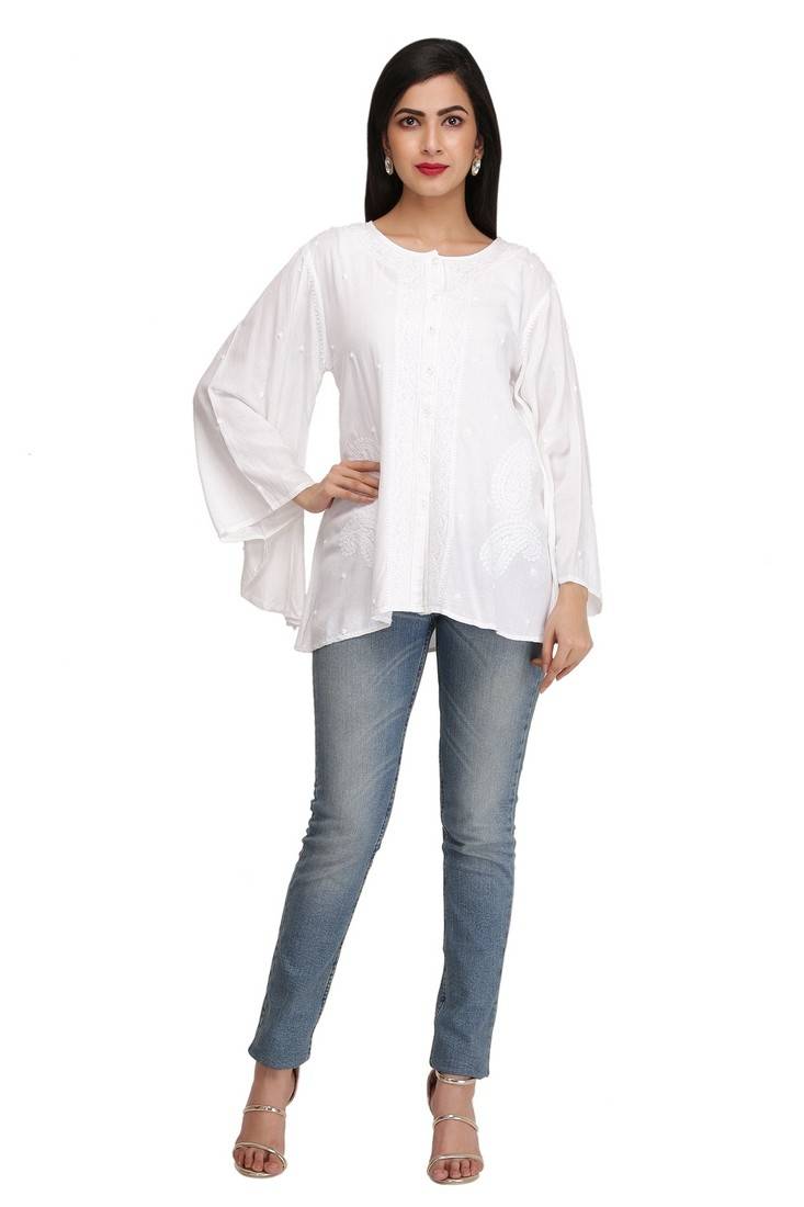 White Embroidered Stitched Cotton Short Kurti 